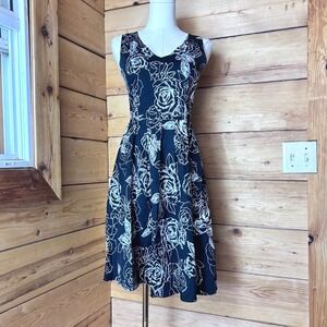 Rose Floral Swing Dress Women Small Black White Retro Rockabilly Sundress iHot
